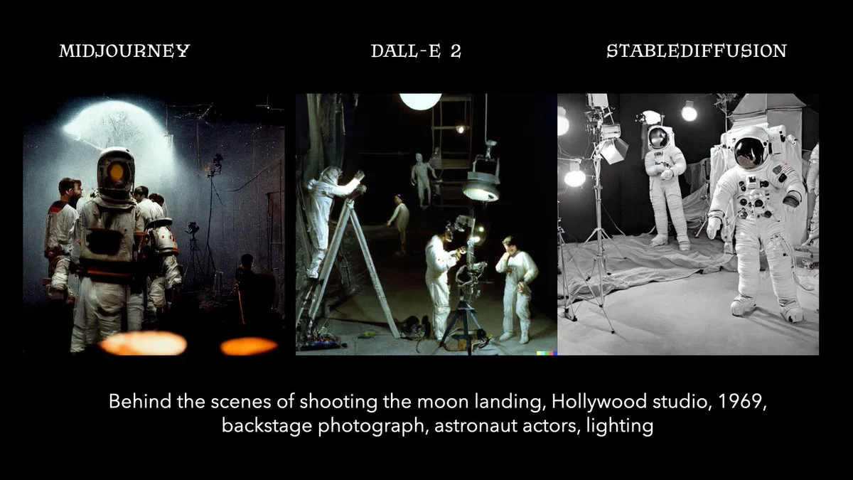 Comparisons of fake, AI-generated photographs of a staged moon landing.